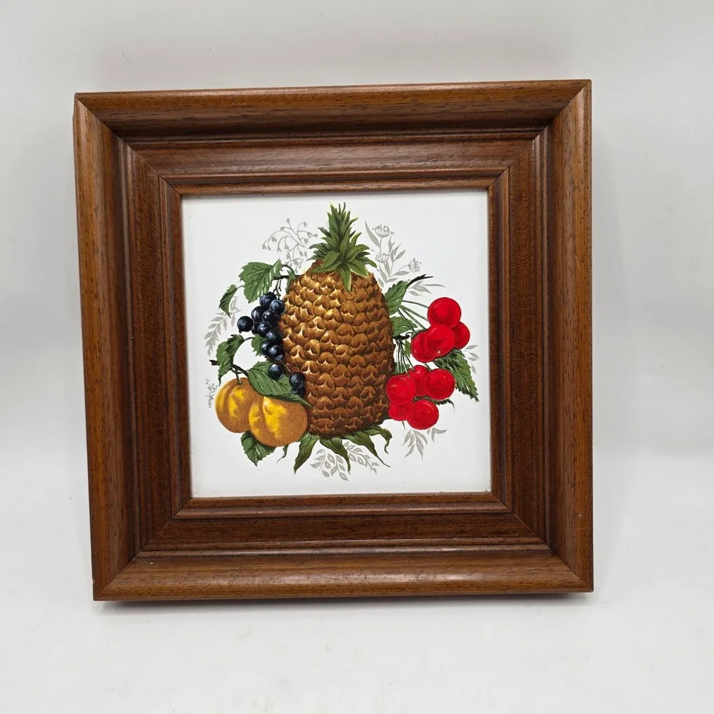 Vintage Fruit Still Life Framed Ceramic Tile Art Pineapple Brown Wood MCM Decor